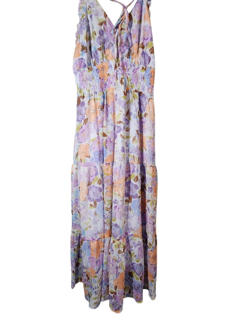 Mystree Floral Maxi Dress Large NWT Lavendr Peach Smocked Boho Cottagecore fairy